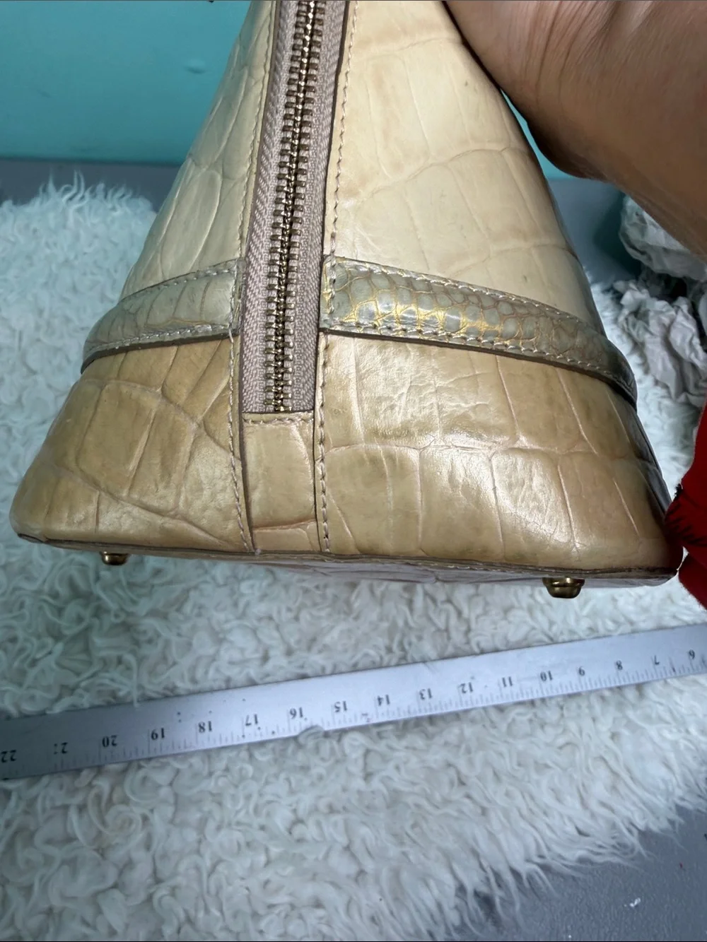 Brahmin Dome Classic Croc-Embossed Dome Satchel in Cream and Tan,NO LONG STRAP